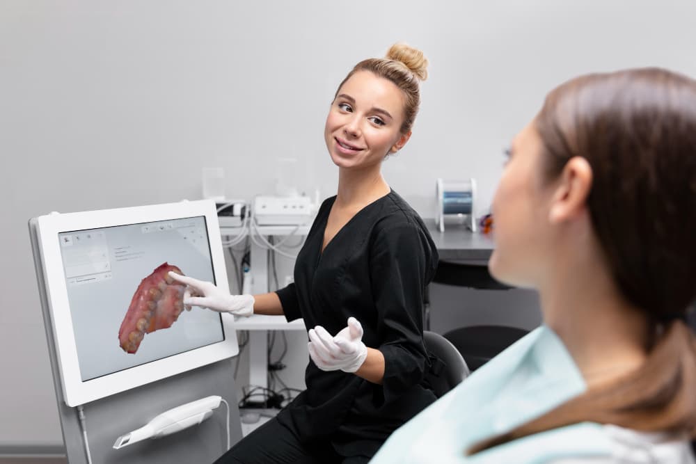 Dental professional in Dunlap, IL explaining dental implant treatment with 3D model and digital imaging, highlighting tooth replacement options for missing teeth.