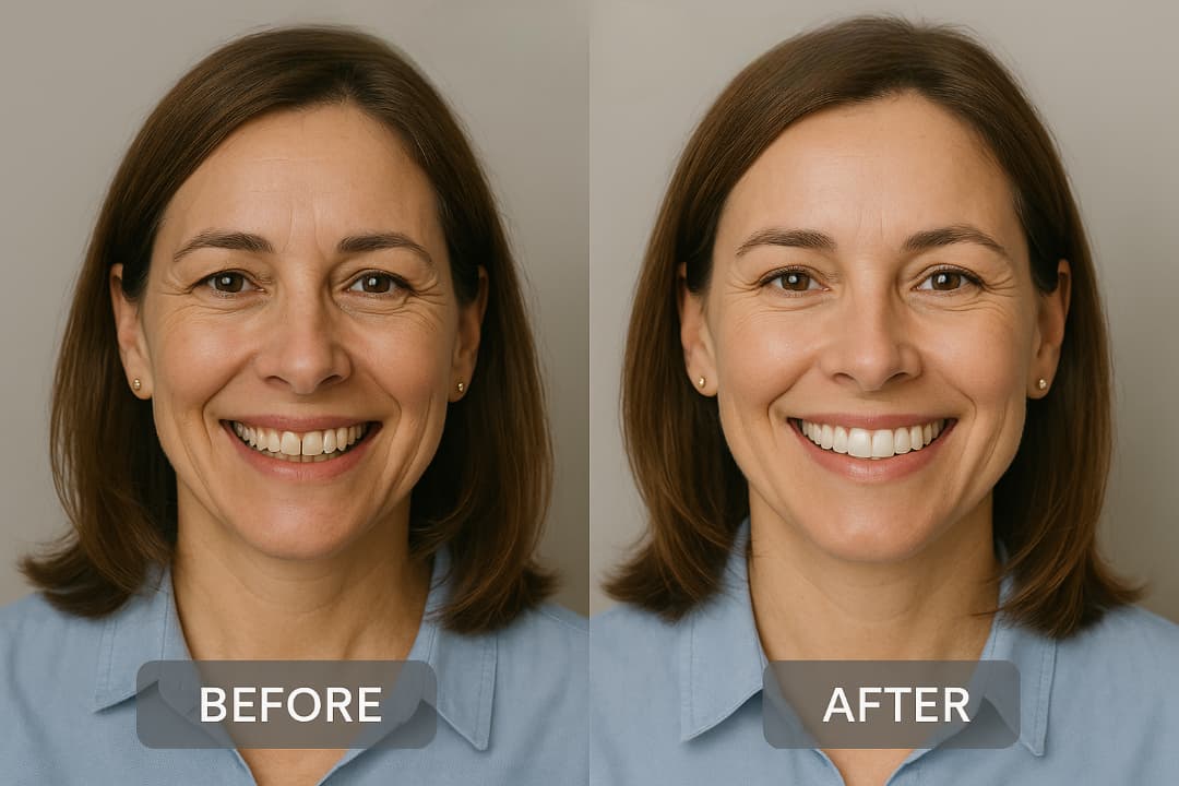 Before and after smile results with porcelain veneers at a cosmetic dentistry office in Dunlap, IL, showing natural tooth symmetry and whitening.