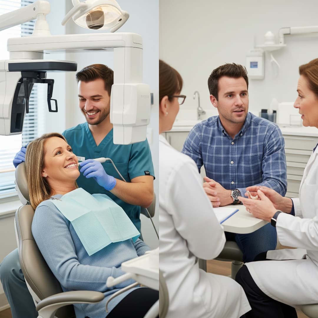 Dental patients in Dunlap, IL receiving traditional and same-day crown care, showcasing modern technology and professional consultation at Associates In Dentistry.