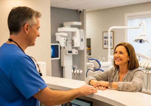 Friendly dentist welcoming adult patient to modern dental office in Canton, IL, for personalized dental care.
