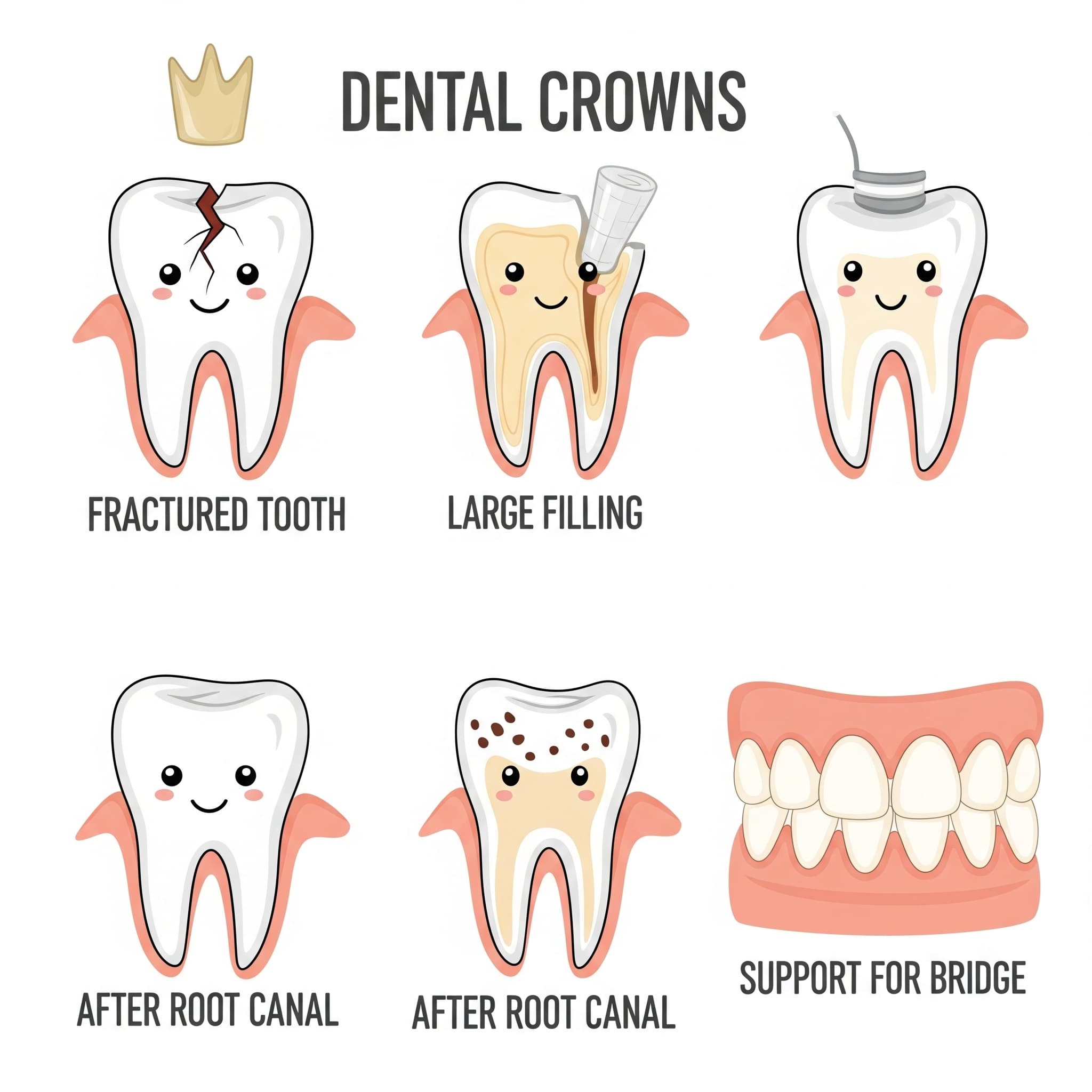 Infographic showing common dental conditions treated with crowns in Canton, IL, including fractured teeth, root canals, large fillings, and bridge support.