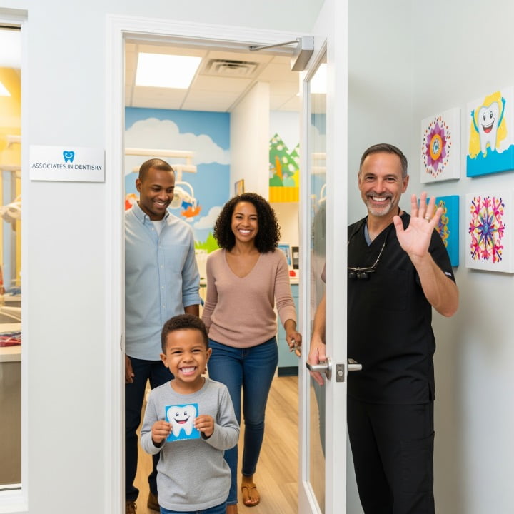 Dental hygienist teaching child brushing techniques at Associates in Dentistry, Canton, IL, with parent support for healthy dental habits.