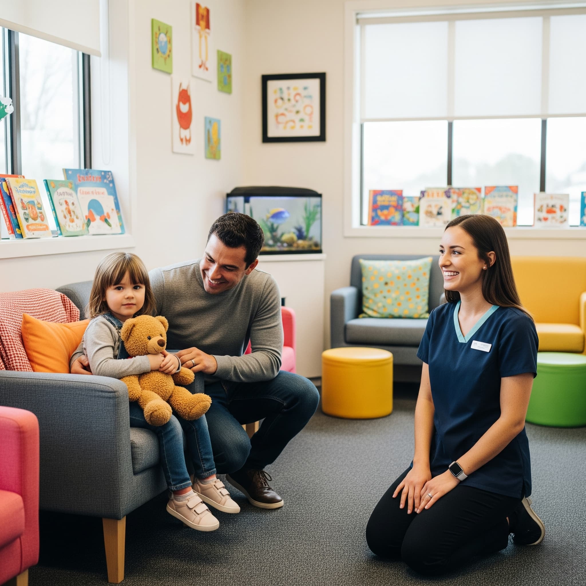 Parent and child in pediatric dental waiting area at Associates in Dentistry, Canton, IL, preparing for first dentist visit with comforting staff.