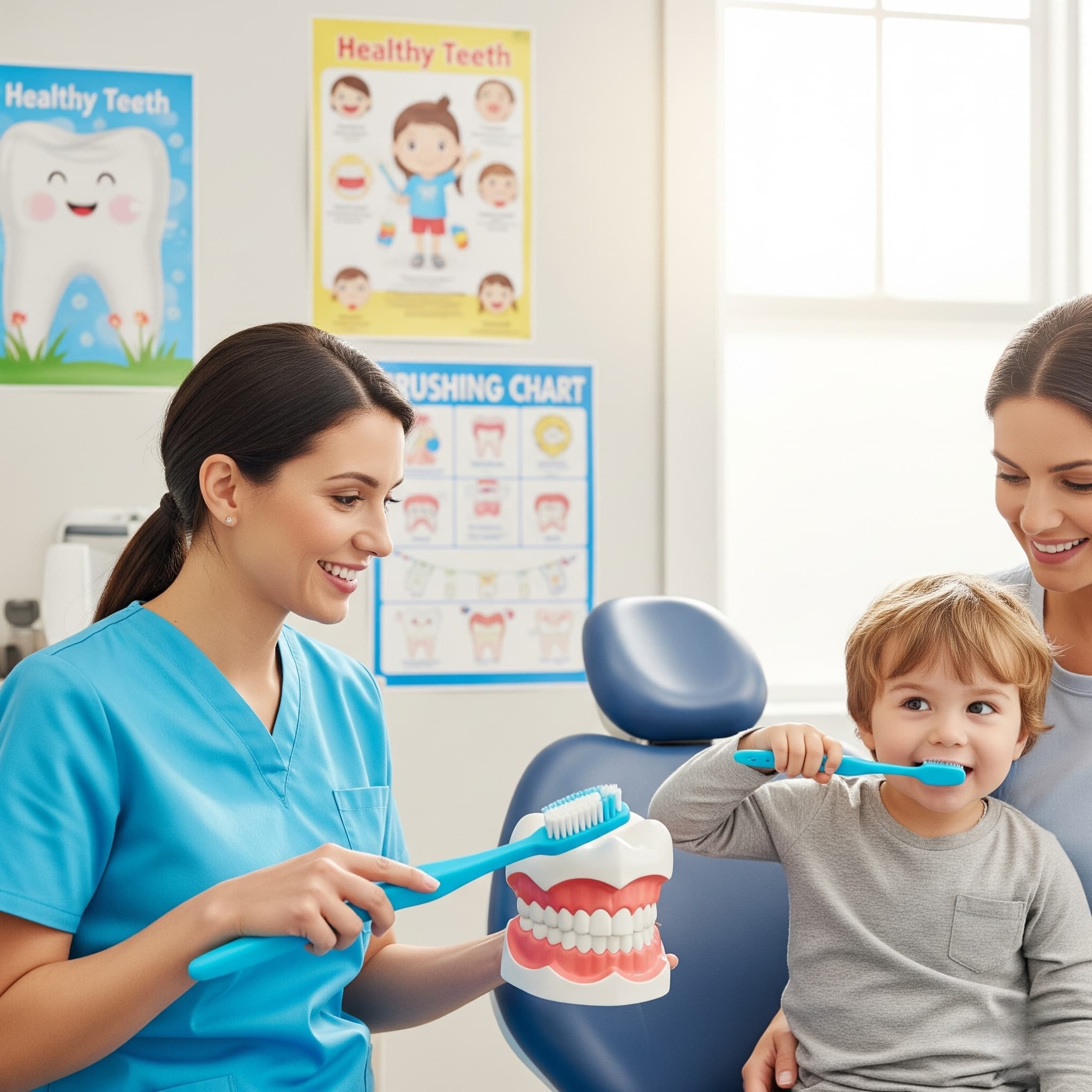 Dental hygienist teaching child brushing techniques at Associates in Dentistry, Canton, IL, with parent support for healthy dental habits.